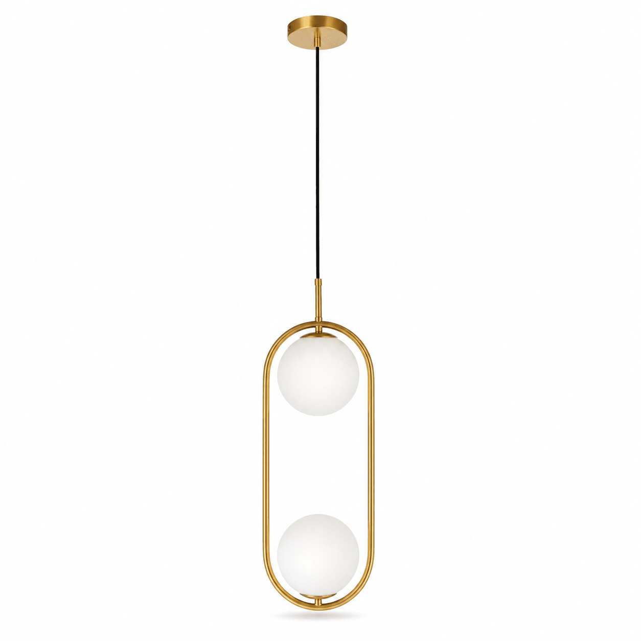Luna Double G9 Pendant Light in gold with two spherical shades, suspended from a ceiling mount.