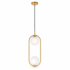 Luna Double G9 Pendant Light in gold with two spherical shades, suspended from a ceiling mount.