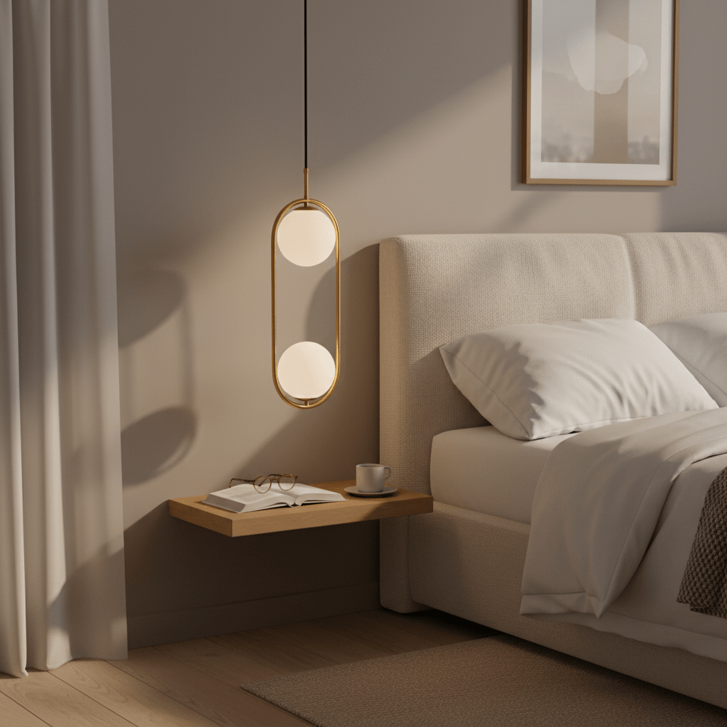 Luna Double G9 Pendant Light in gold, hanging beside a bed with a wooden shelf, book, and coffee cup.