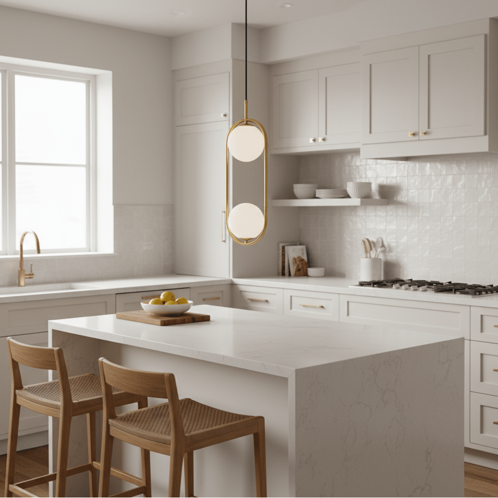 Luna Double G9 Pendant Light in gold hanging over a modern kitchen island with wooden stools.