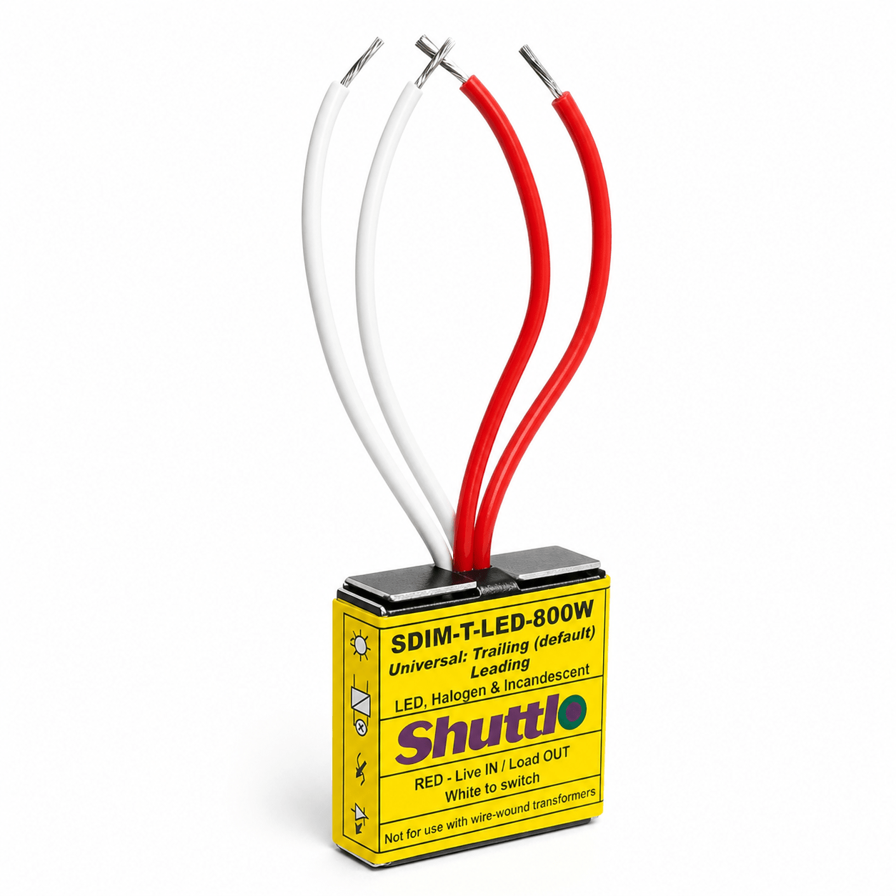 Shuttle LED Dimmer Module with three wires: red, white, and black, featuring a yellow label with specifications.