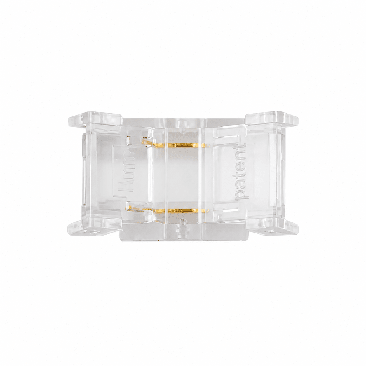 Clear fast connector for 8mm LED strip lights, featuring gold contacts for reliable connections.