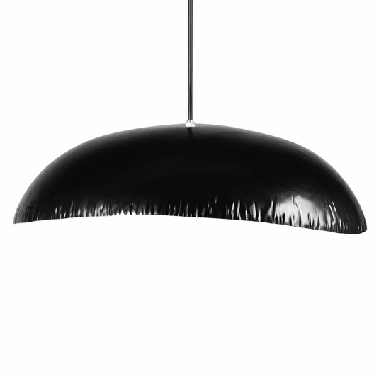 Black oval pendant light with a sleek, glossy finish, suspended from a ceiling.