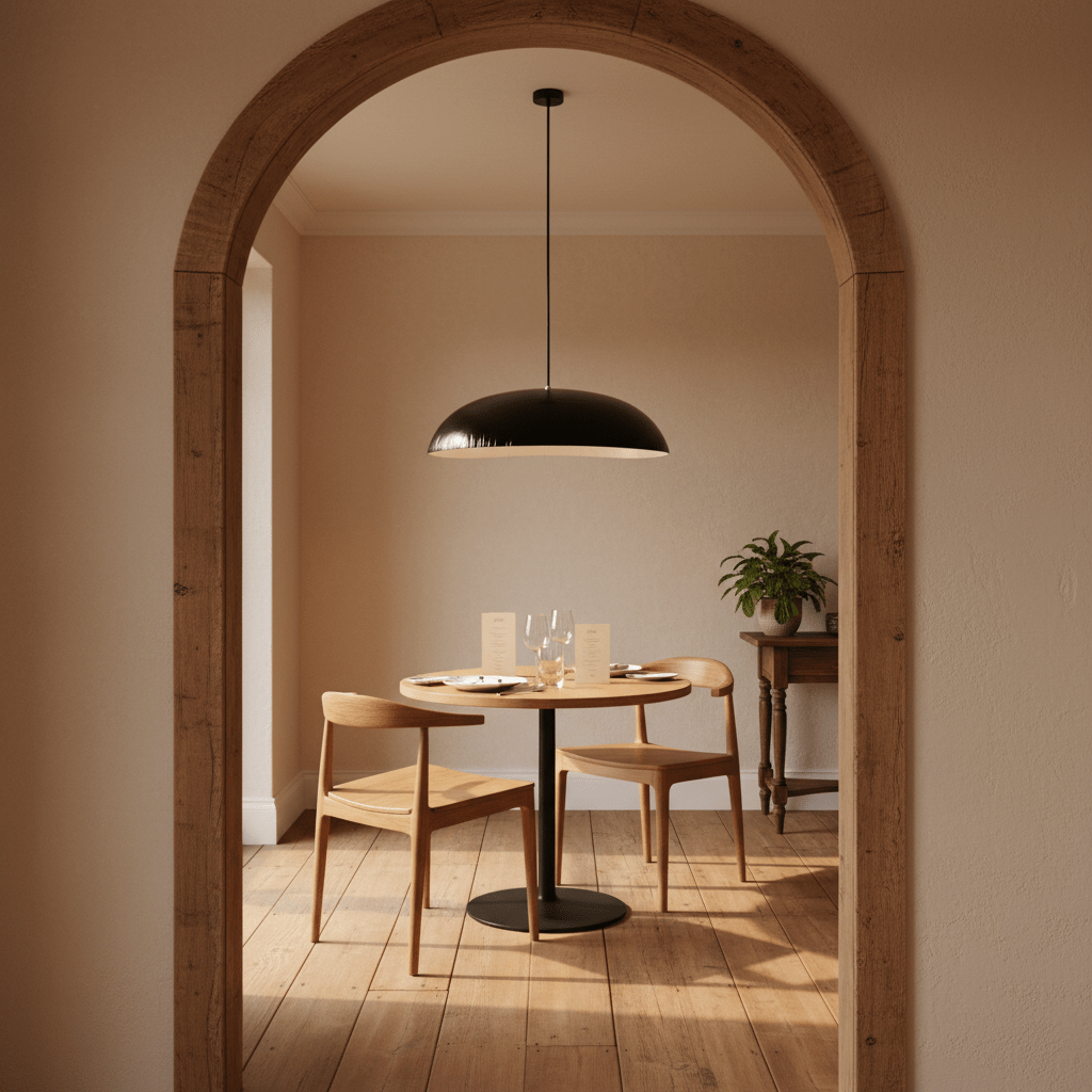 Black oval pendant light hanging above a round dining table with wooden chairs and a plant in a cozy setting.