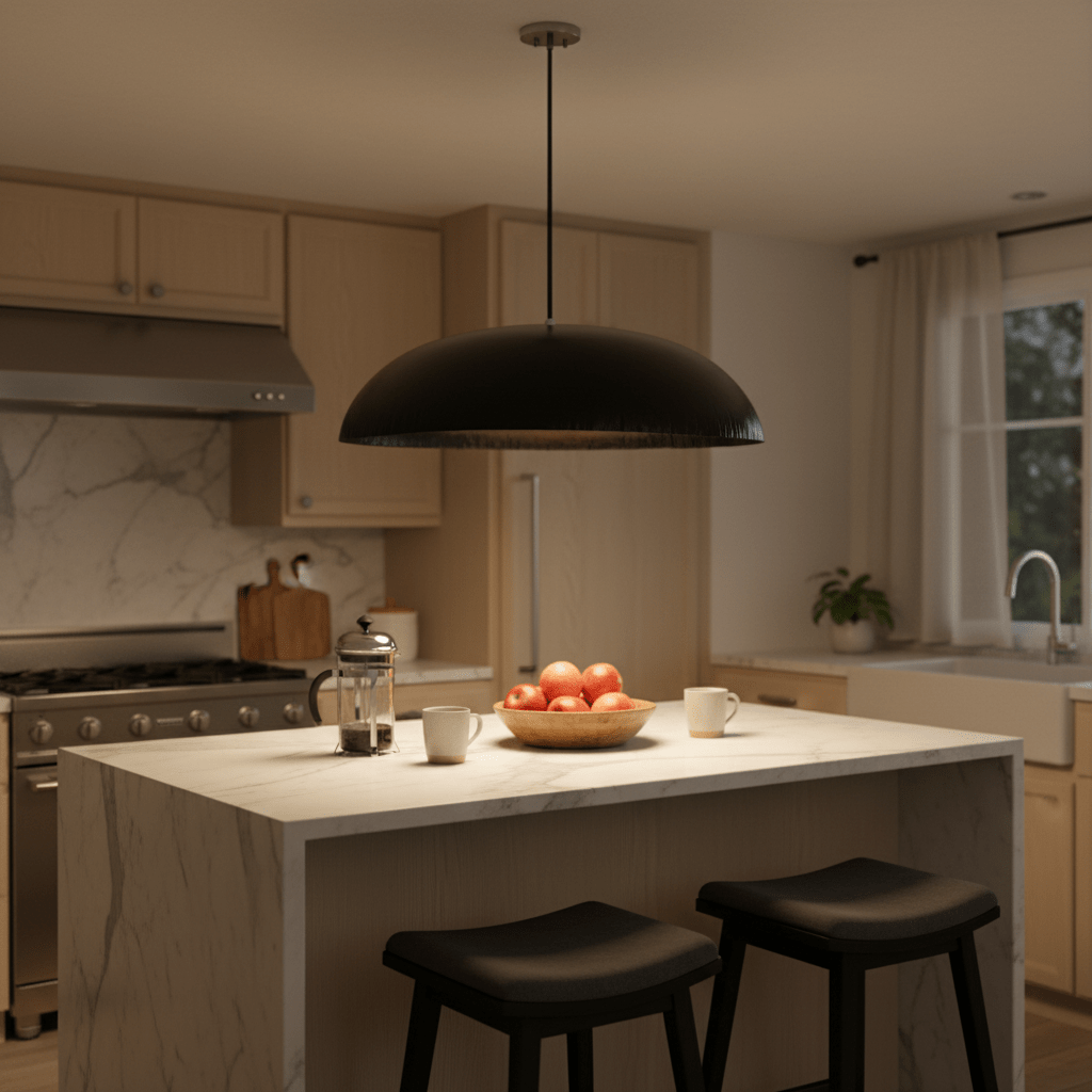 Black oval pendant light suspended above a kitchen island with a bowl of apples and coffee cups.