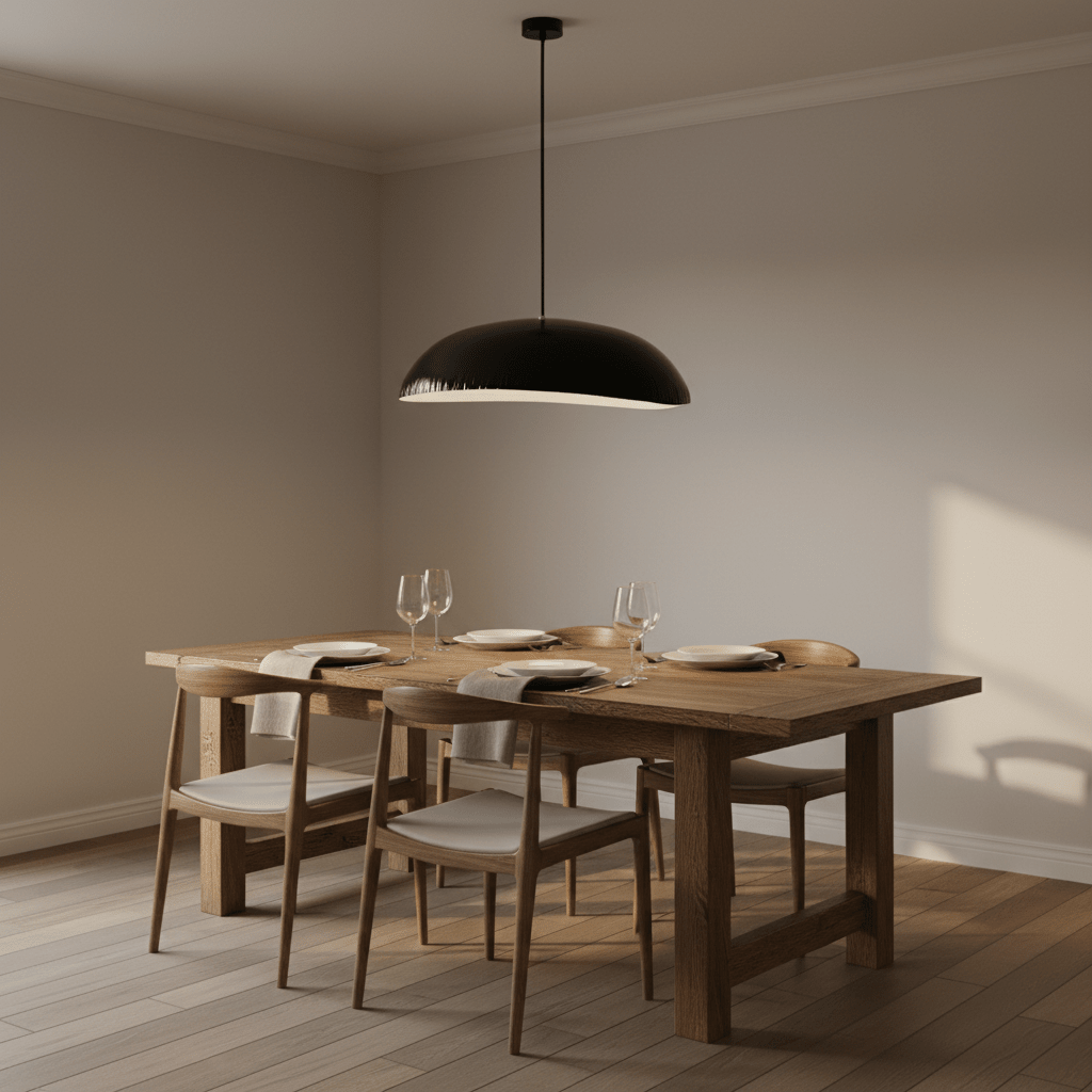 Black oval pendant light suspended above a wooden dining table set with plates and glasses.