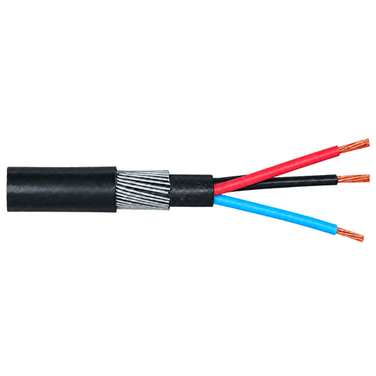 Exposed armoured cable with black outer sheath, silver wire armour and red, black and blue conductors on transparent background