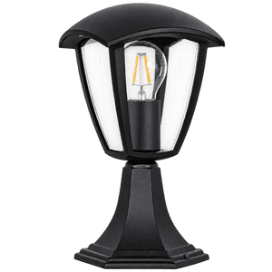 Black outdoor pillar light with clear bulb and frosted glass panels