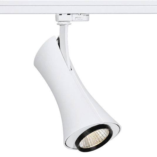 White cylindrical track spotlight mounted on a white track rail