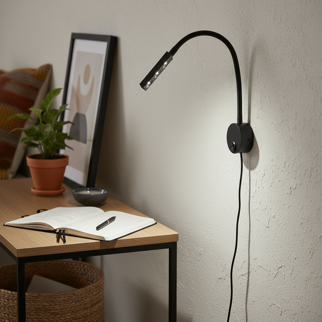 A flexible 3W LED reading light mounted on a wall beside a desk, illuminating an open notebook.