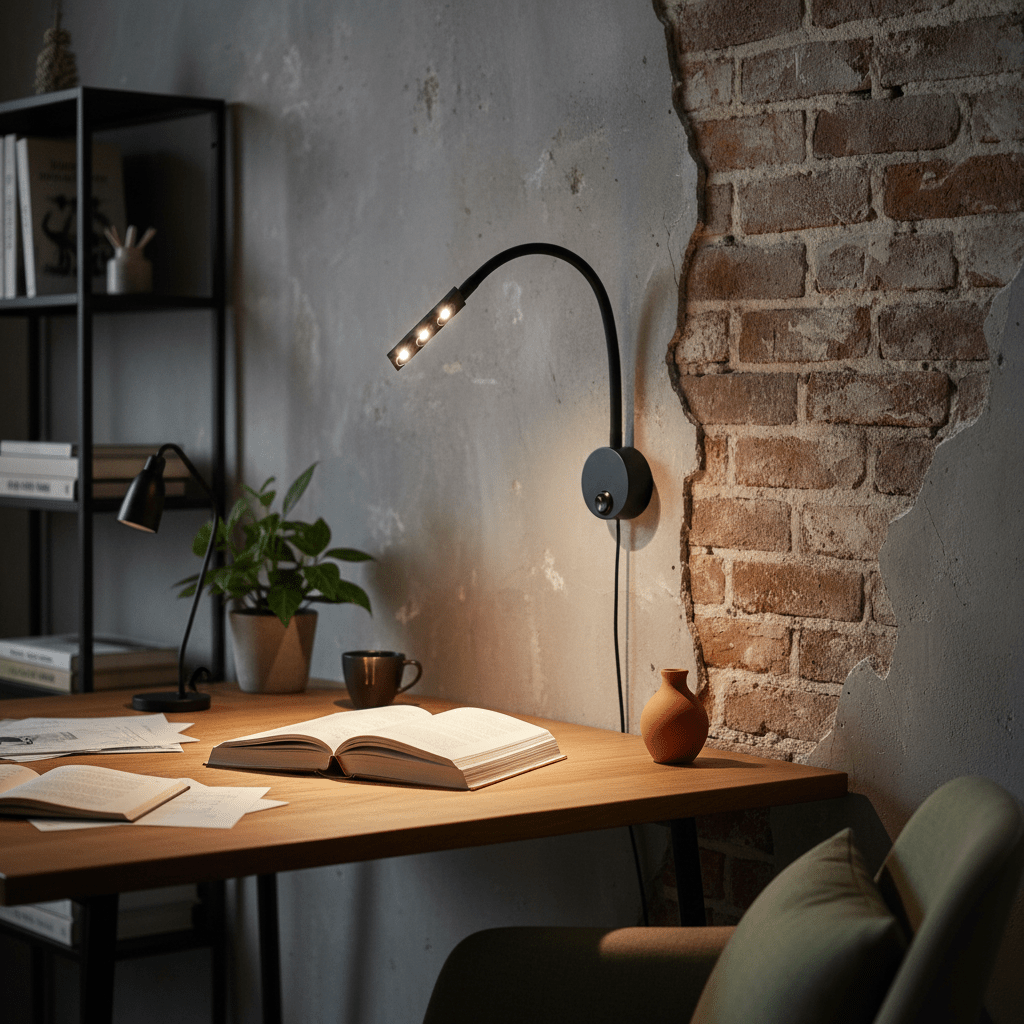 Flexible LED reading light mounted on a wall, illuminating an open book on a wooden desk.
