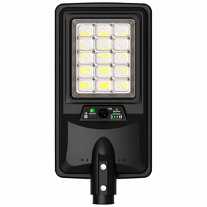 Front view of a solar LED street light with multiple LED panels and motion sensor controls.
