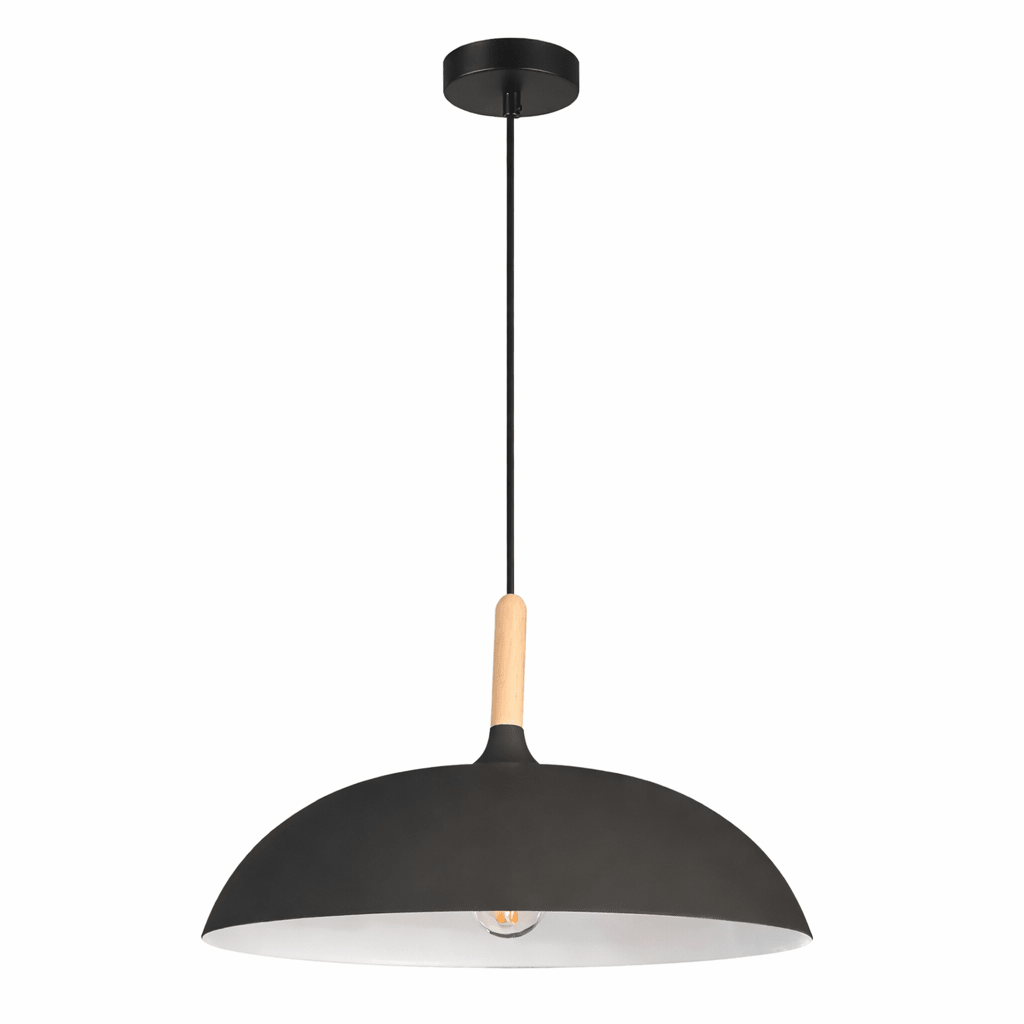 Black pendant light with wooden accent on a white background