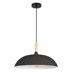 Black pendant light with wooden knob, black dome shade and white interior, hanging against a green background.