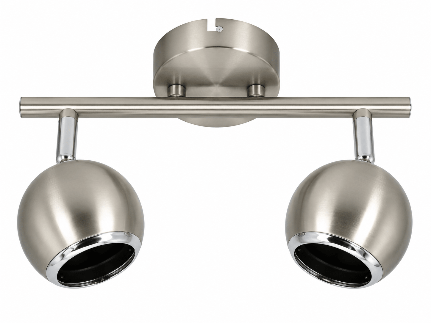 Metallic ceiling light fixture with two spherical lights on a white background