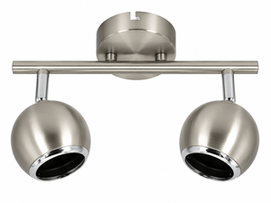 Metallic ceiling light fixture with two spherical lights on a white background