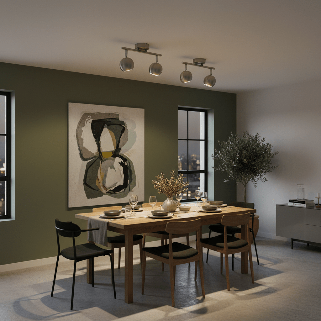 Modern 2-light GU10 ceiling spotlight illuminating a dining table with an abstract painting on the wall.