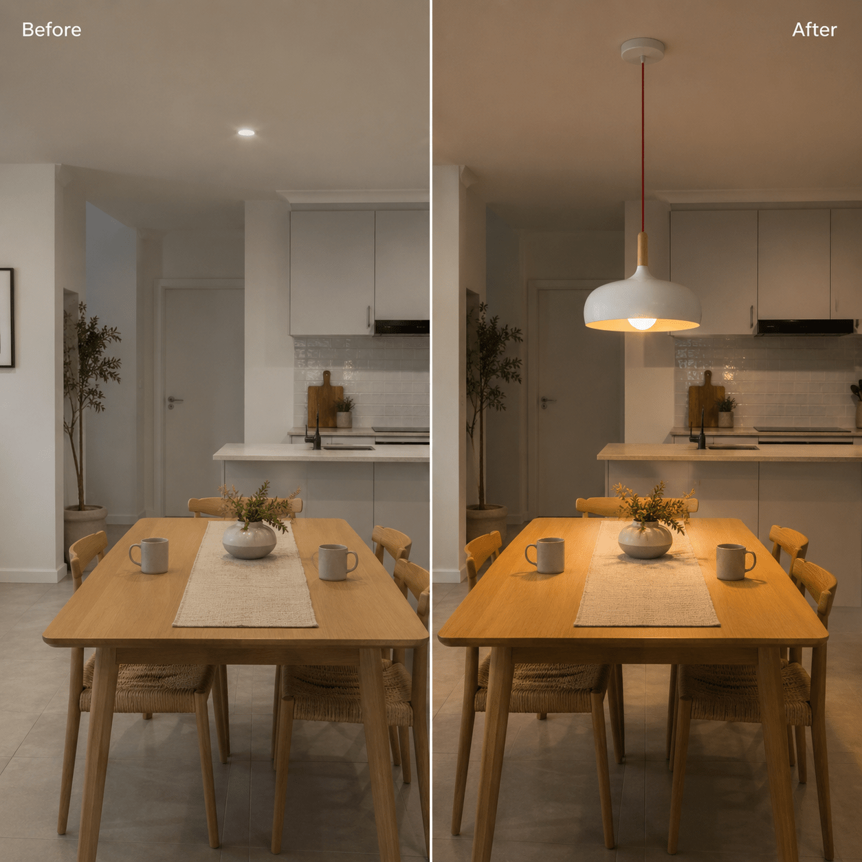 Comparison of dining area lighting before and after installing a white Scandinavian pendant light.