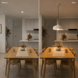 Comparison of dining area lighting before and after installing a white Scandinavian pendant light.