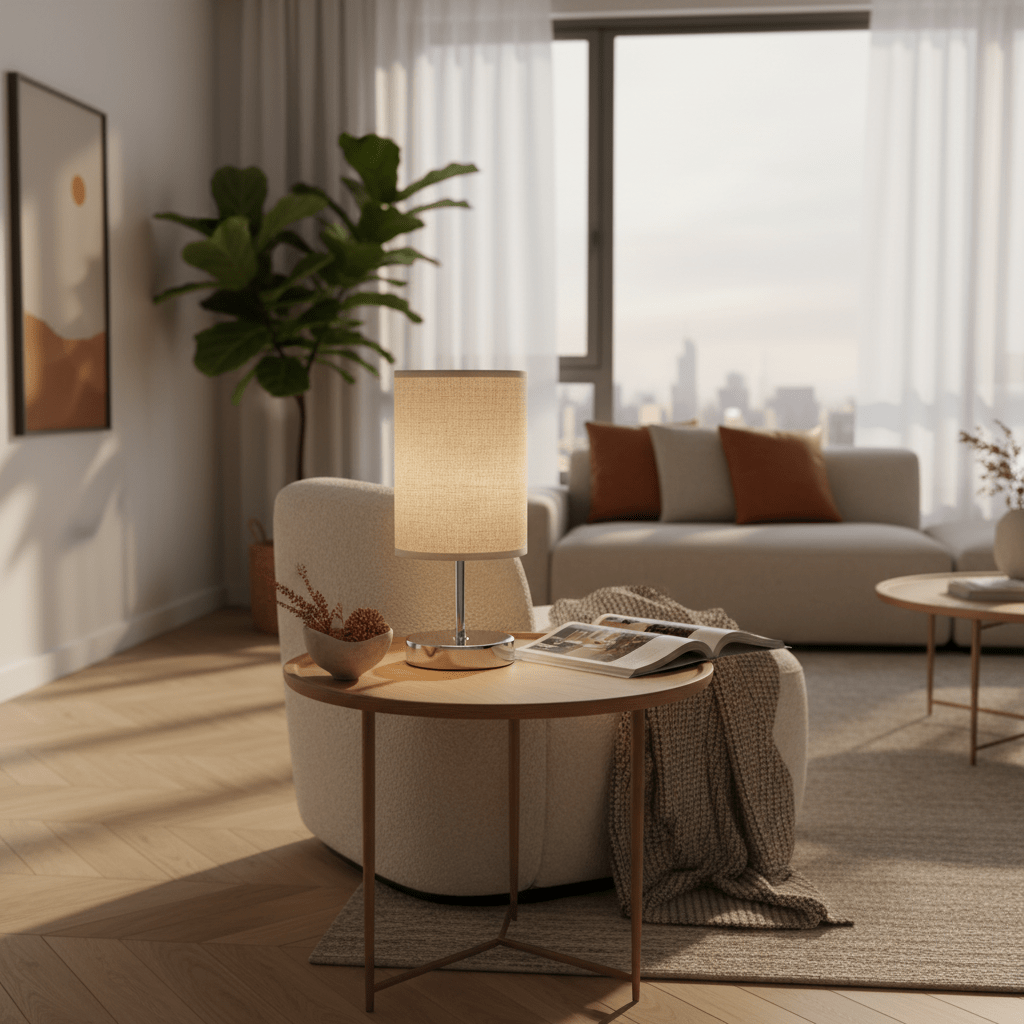 Polished Chrome, Hessian Shade Table Lamp