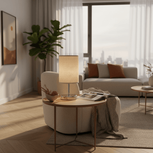 Polished Chrome, Hessian Shade Table Lamp