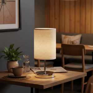 Polished Chrome, Hessian Shade Table Lamp