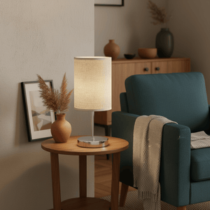 Polished Chrome, Hessian Shade Table Lamp