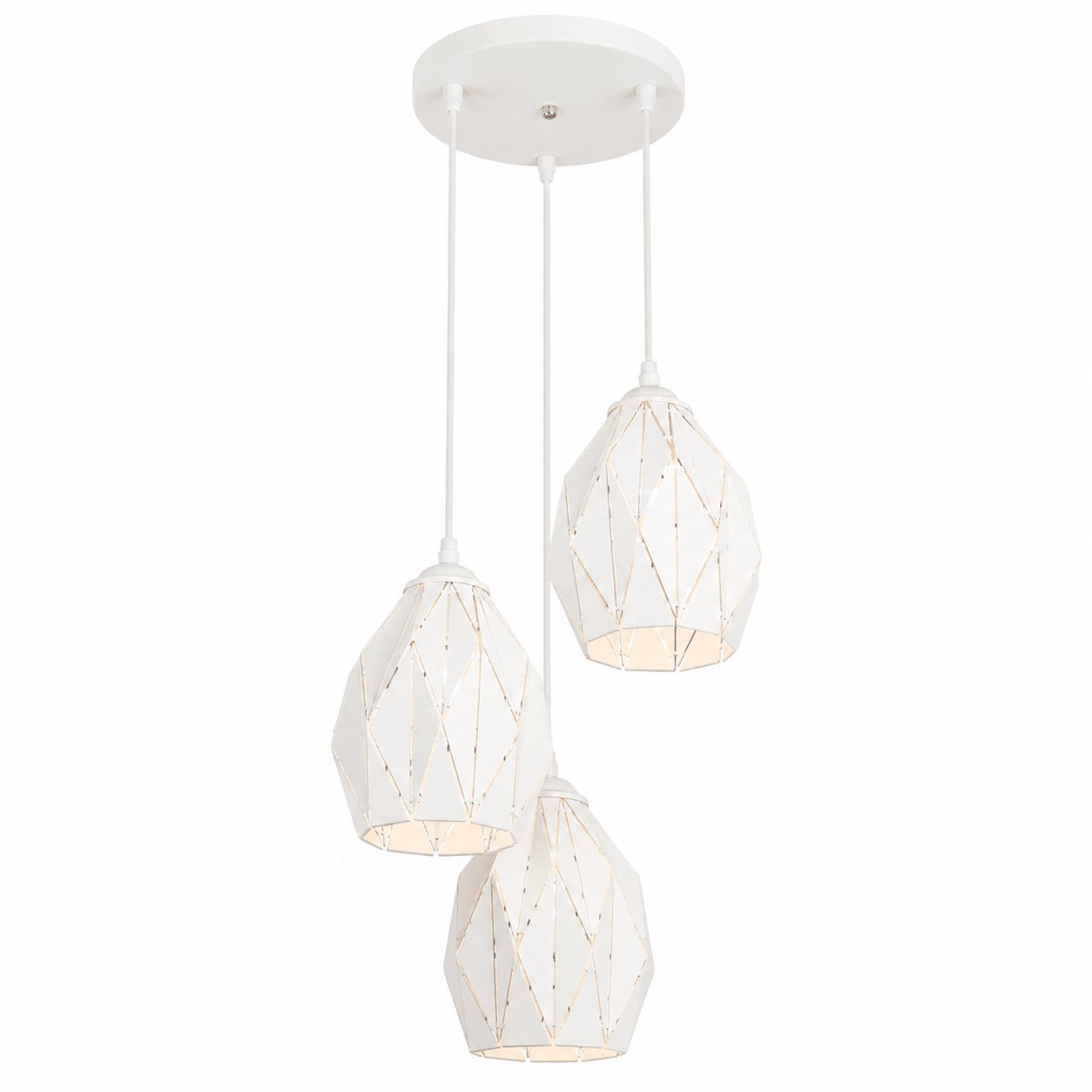 Three-tier pendant light with white geometric shades on a white background