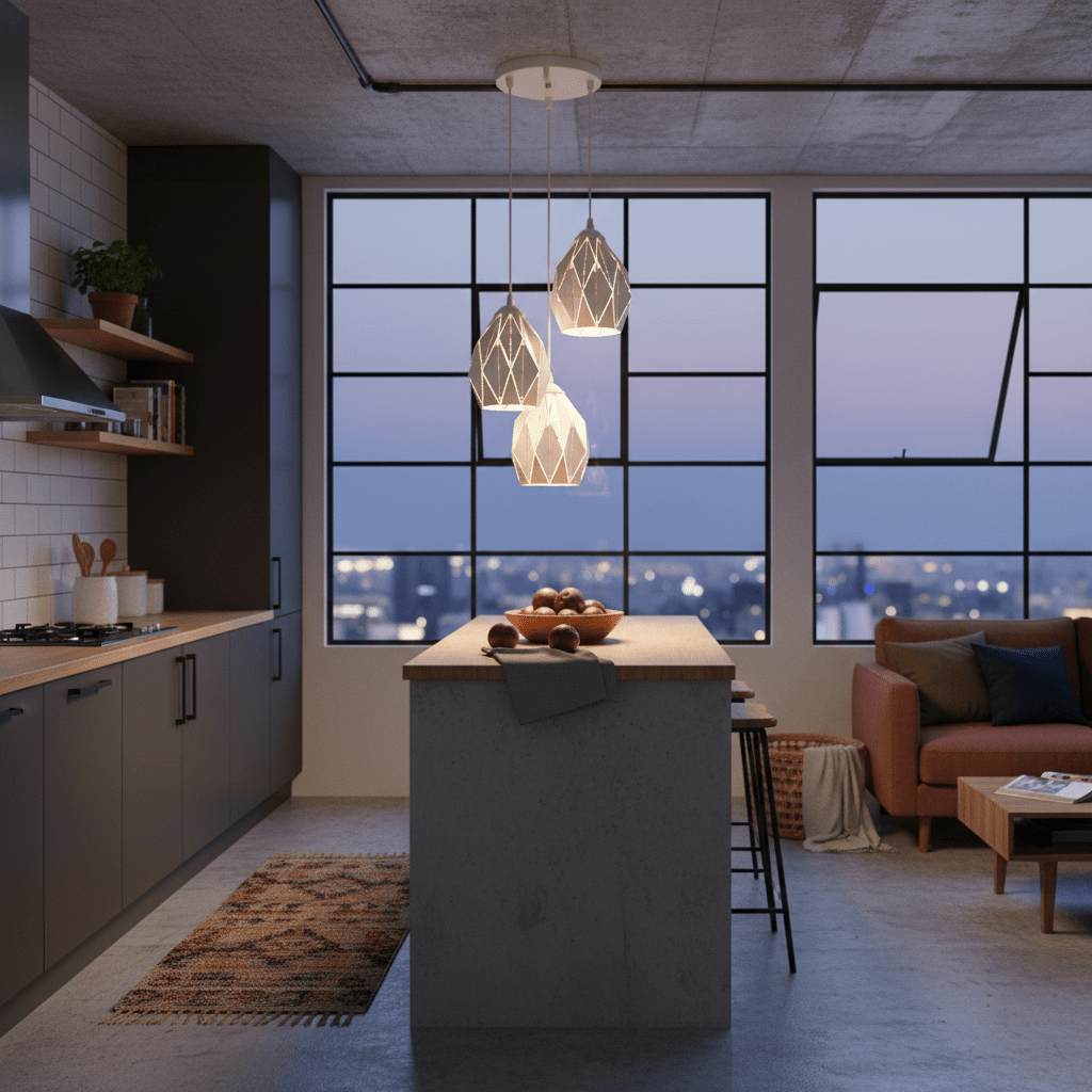 Three sand white pendant lights hang over a modern kitchen island with city view windows.