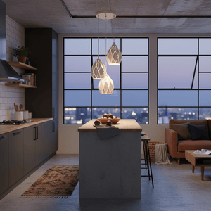 Three sand white pendant lights hang over a modern kitchen island with city view windows.