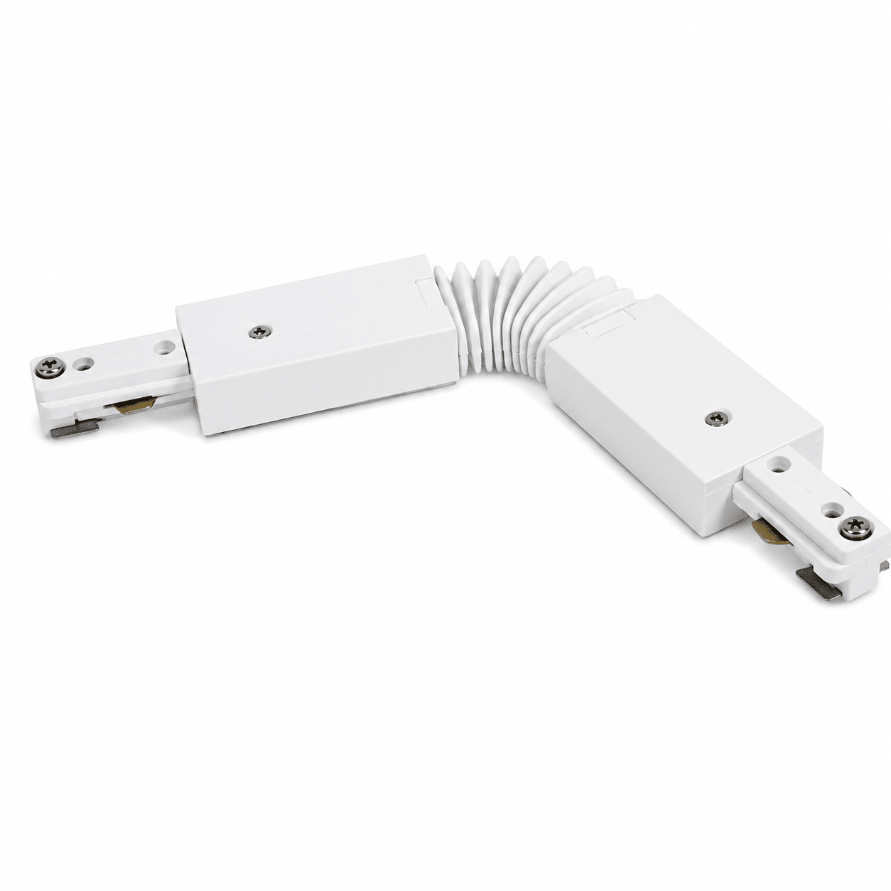 White 35W Bazuka 3-wire track connector with flexible joint for versatile track lighting setups.