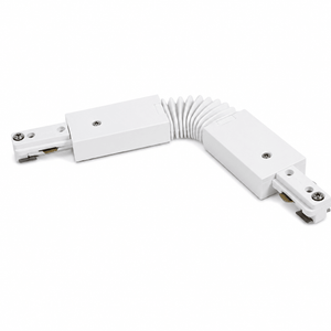 White 35W Bazuka 3-wire track connector with flexible joint for versatile track lighting setups.