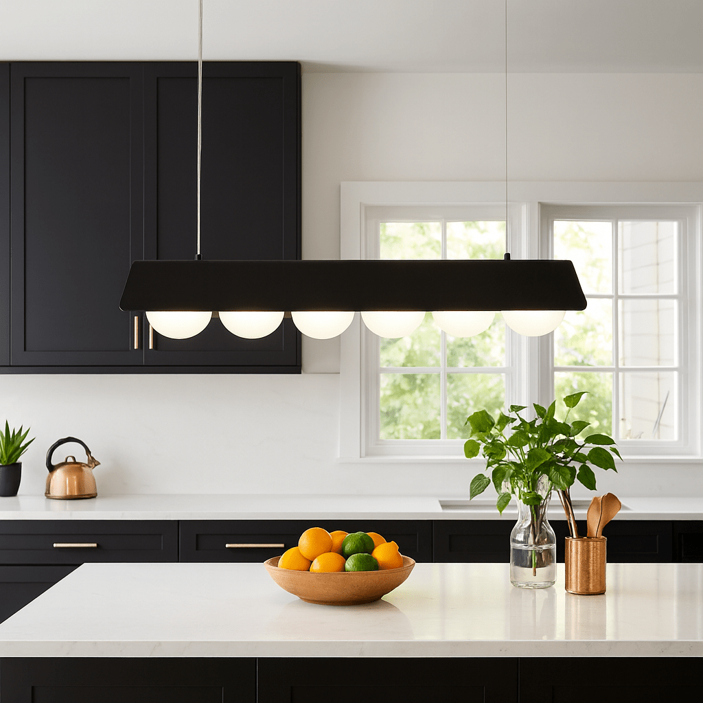 6-Light Linear Pendant Light - Black & Opal Glass