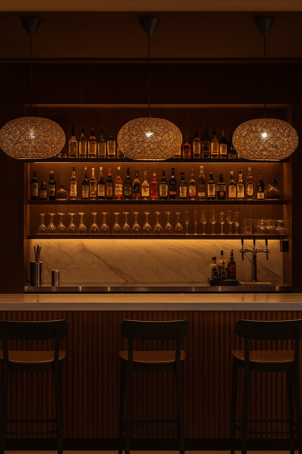 Bar setup with shelves of bottles and glasses, dimly lit ambiance