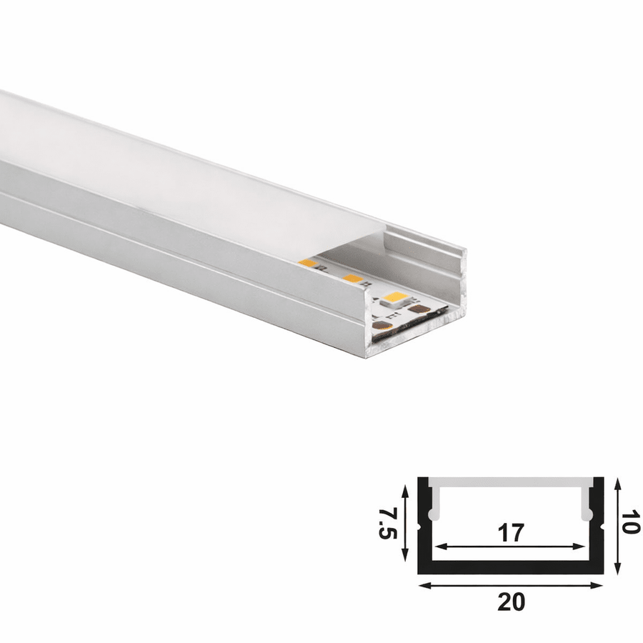 20x10mm surface aluminium LED extrusion with frosted diffuser, showcasing internal LED strip placement.