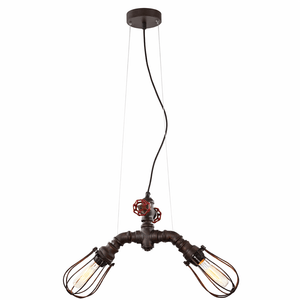 Industrial-style pendant light with pipes and bulbs on a white background
