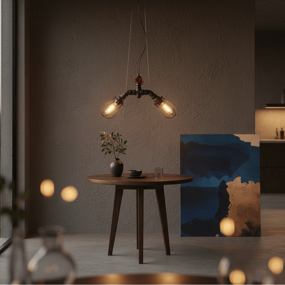 Industrial-style LED pendant light with two bulbs hanging above a wooden dining table, featuring a rustic decor.