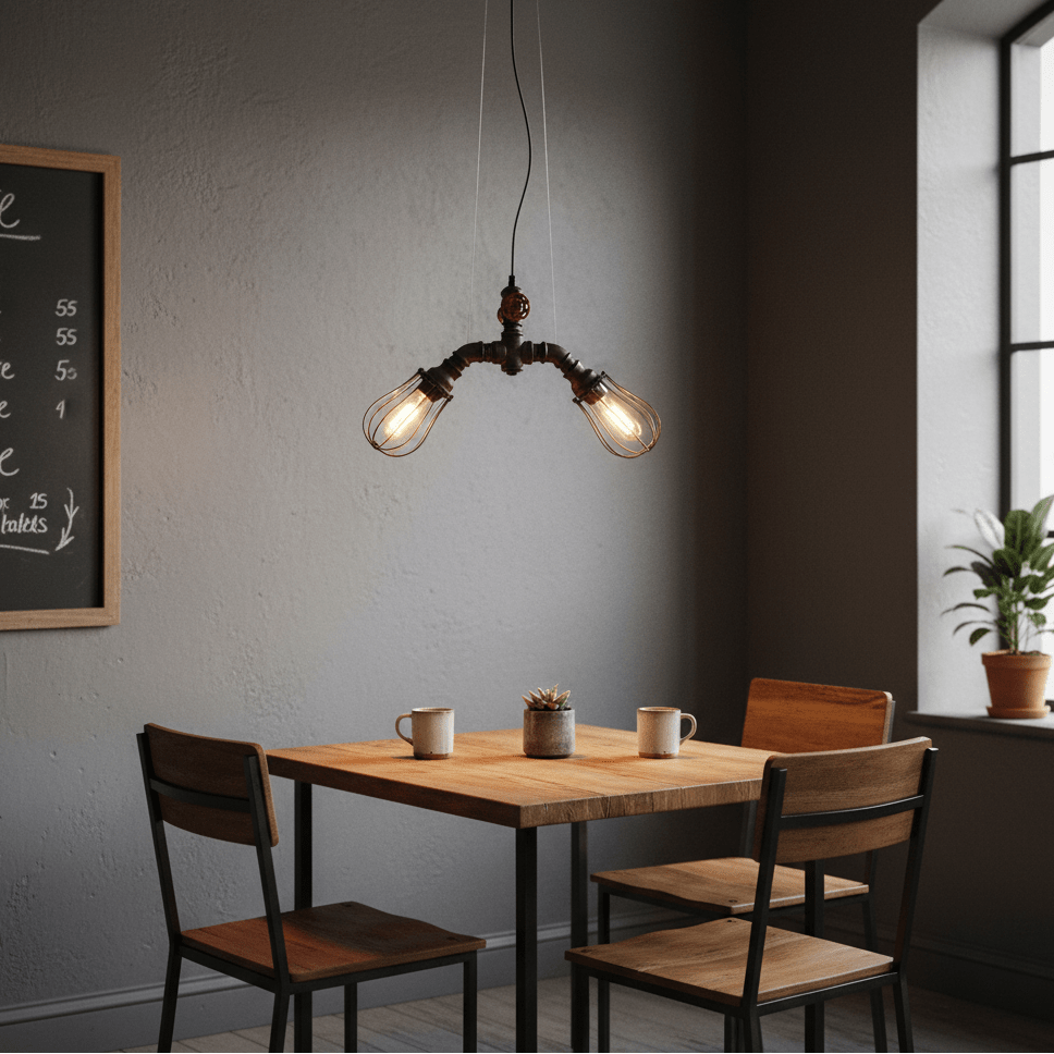 Industrial 2-light pendant hanging over a wooden dining table with chairs, featuring warm light bulbs.