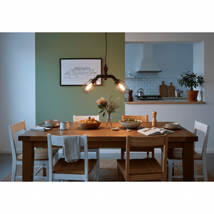 Industrial 2-light pendant hanging over a wooden dining table set with bowls and a plant.