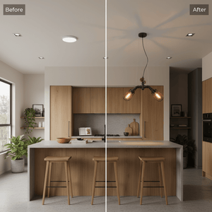Before and after comparison of a kitchen with a modern LED pendant light installed, showcasing a stylish upgrade.