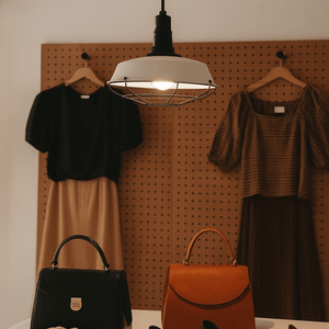Clothing and accessories displayed on a pegboard with a pendant light.