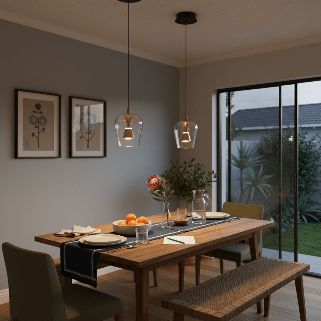 Dining room with wooden table, chairs, and decor elements.
