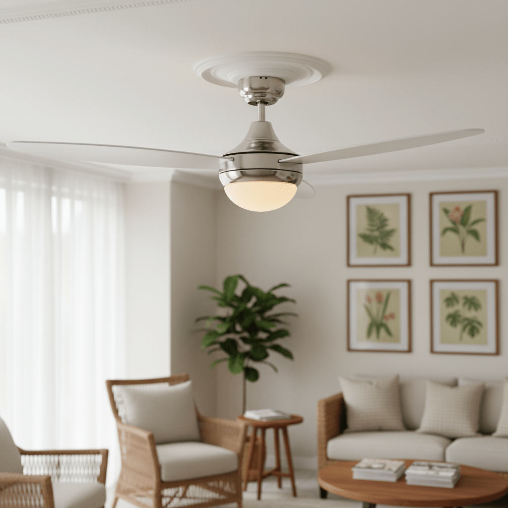Satin chrome ceiling fan with integrated light in a modern living room setting, featuring a cozy seating area and