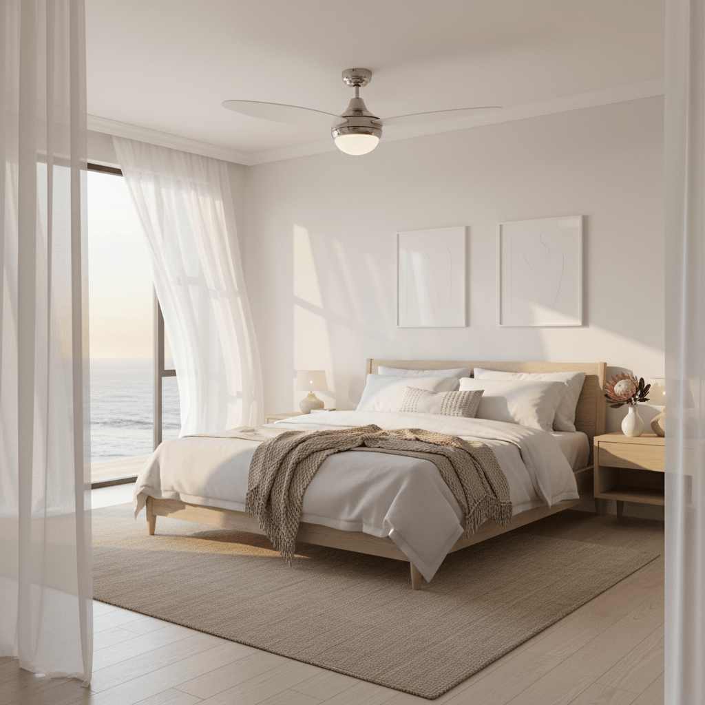 Satin chrome ceiling fan in a bright bedroom with a large window and ocean view.