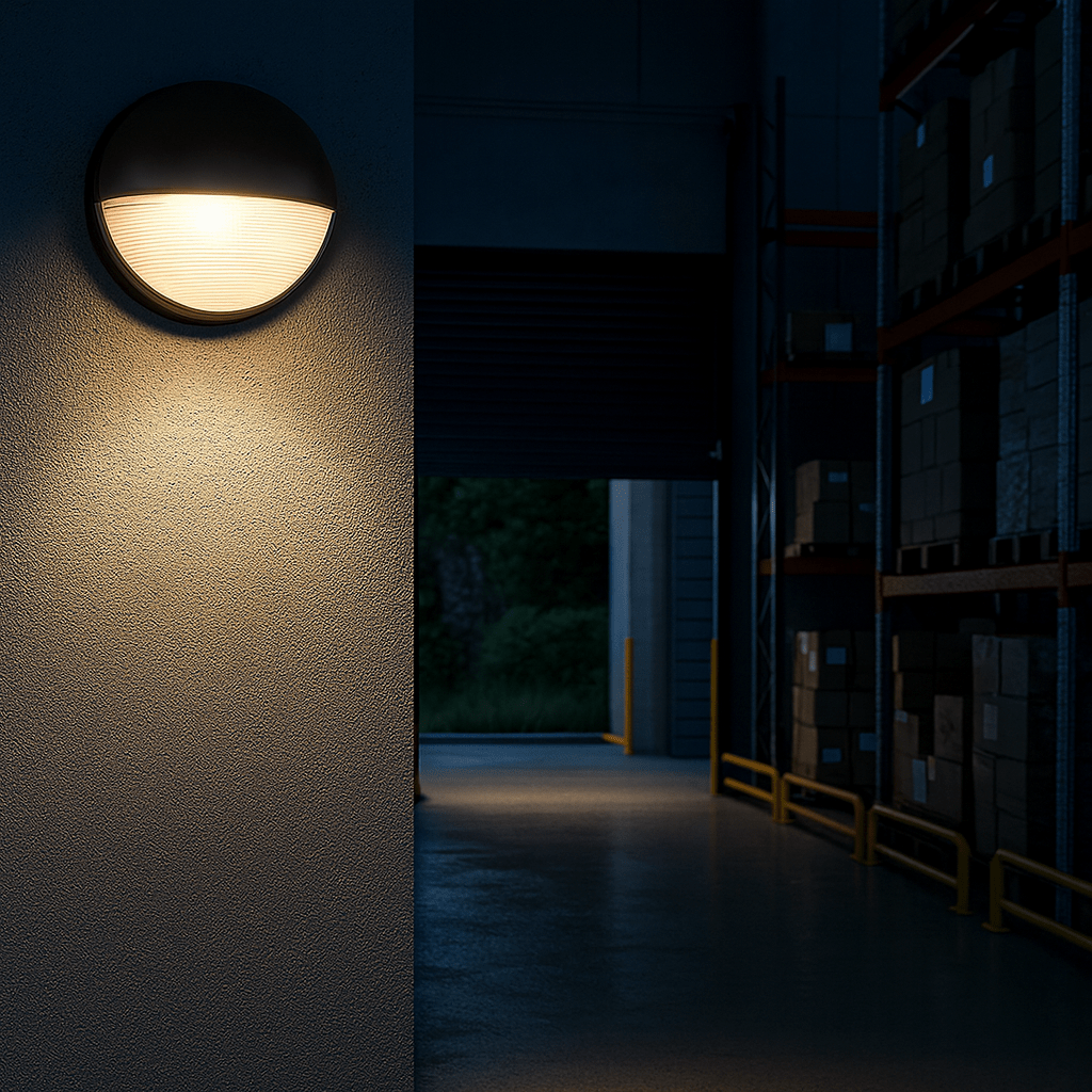 Black eyelid bulkhead light glowing on a textured wall beside a dim warehouse aisle with shelving.