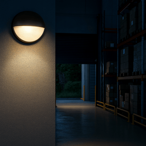 Black eyelid bulkhead light glowing on a textured wall beside a dim warehouse aisle with shelving.