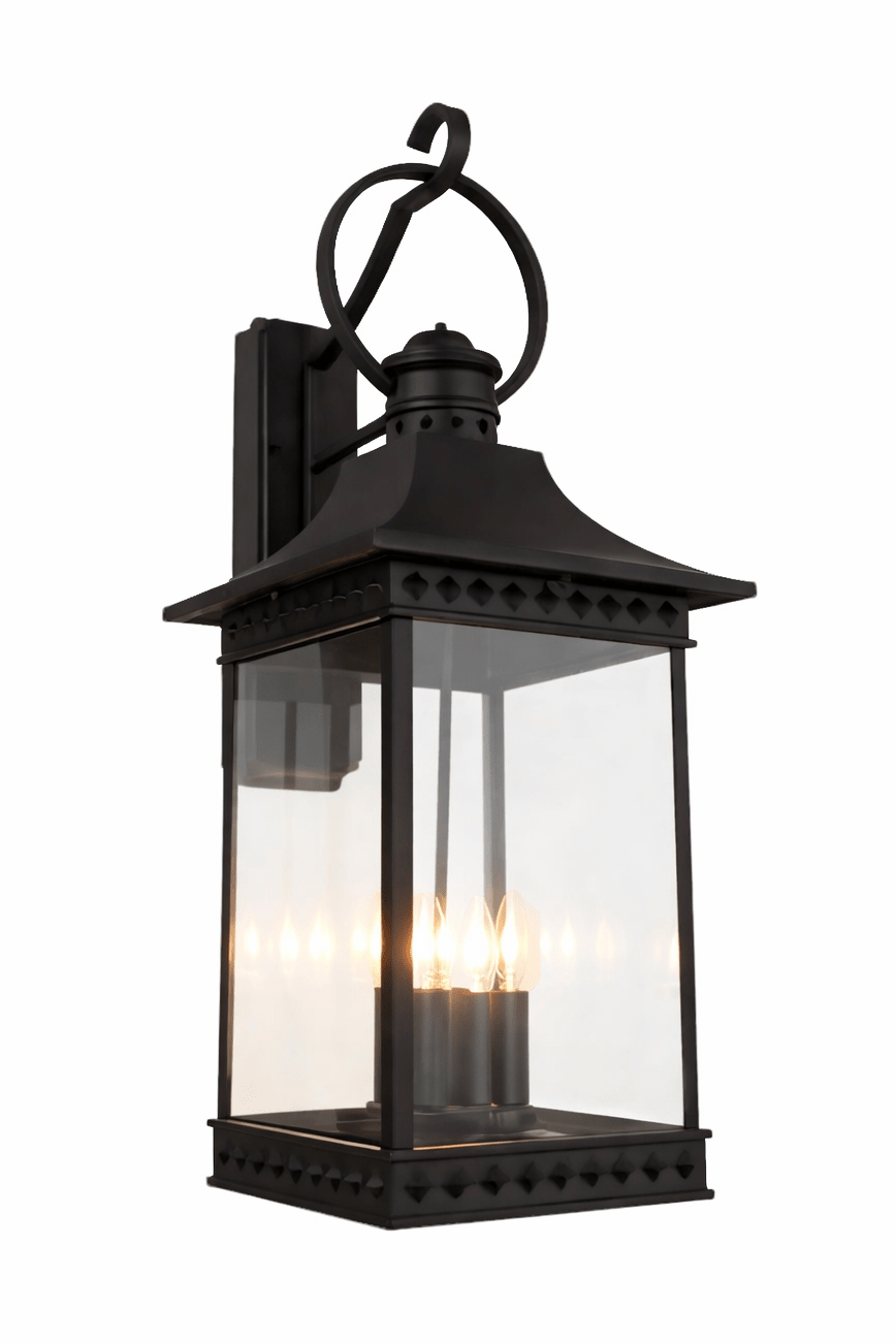 Black outdoor wall lantern with clear glass on a white background