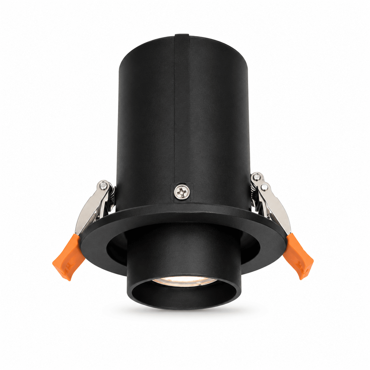 Close-up of a black retractable downlight holder showcasing its sleek design and adjustable features.