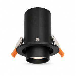 Close-up of a black retractable downlight holder showcasing its sleek design and adjustable features.