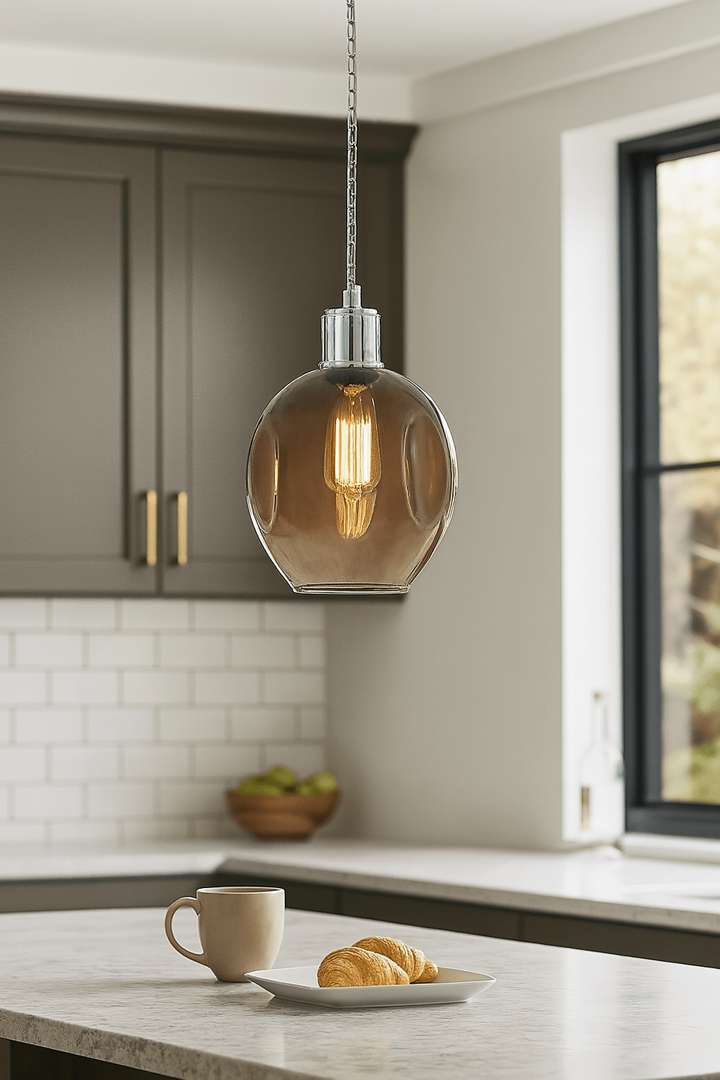 Kitchen scene with a pendant light, coffee cup, and pastries on a countertop.